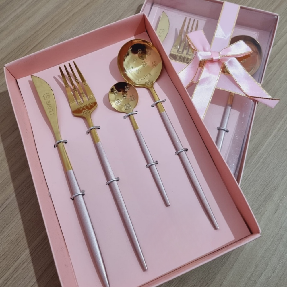 Faqueiro Inox Dourado Luxo 4 Peças com Caixa Presente - A Gourmet