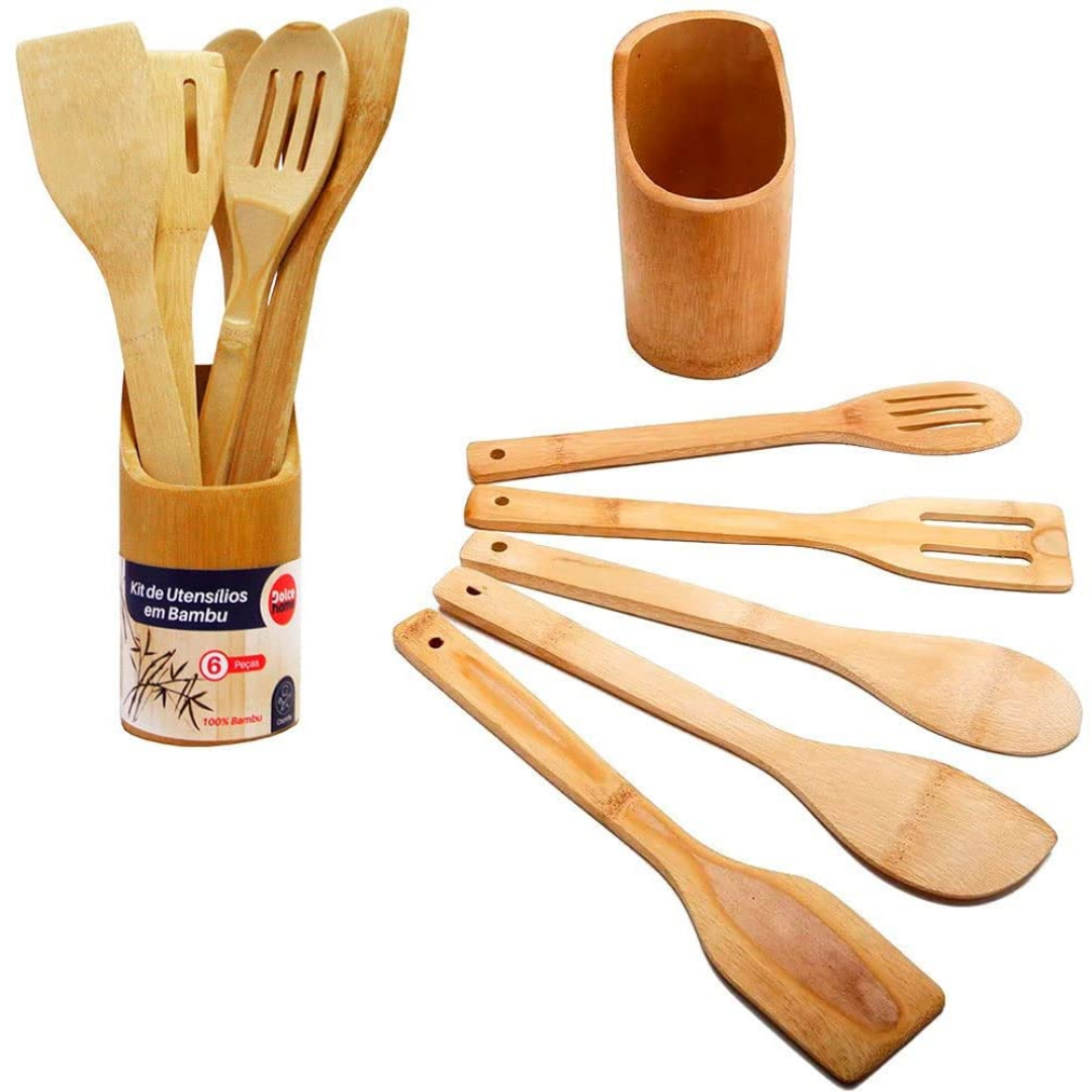 Kit Colheres De Bambu 100% Com Suporte 5pçs Dolce Home