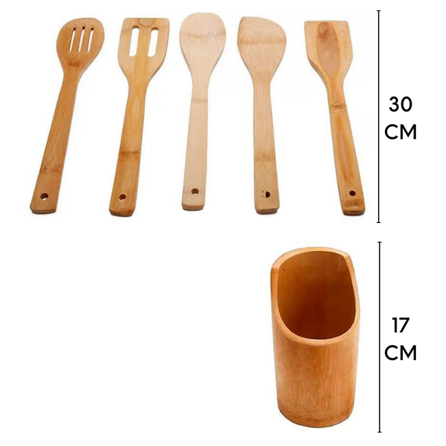 Kit Colheres De Bambu 100% Com Suporte 5pçs Main Image