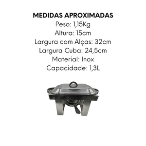 Rechaud Retangular Pequeno de Aço inox 1,3L - A Gourmet