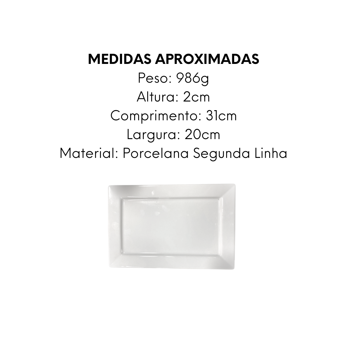 Prato de Porcelana Segunda Linha Retangular Piatto 31cm - A Gourmet