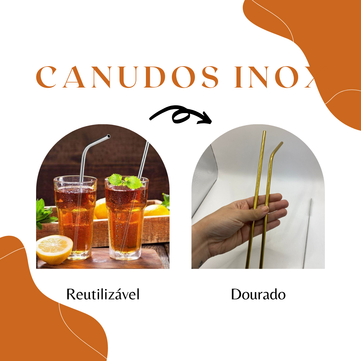 Conjunto 2 Canudo e Escova Inox Dourado - A Gourmet