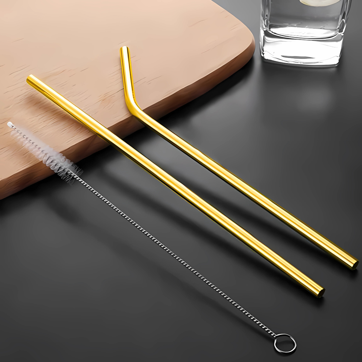Conjunto 2 Canudo e Escova Inox Dourado - A Gourmet