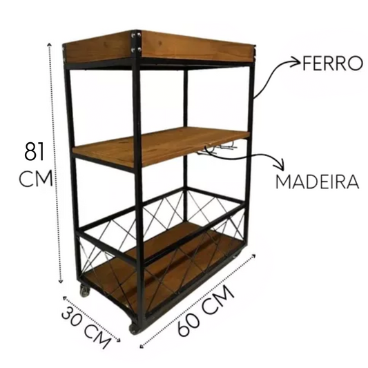 Carrinho Bar Industrial Madeira E Ferro Sob Medida Rustico