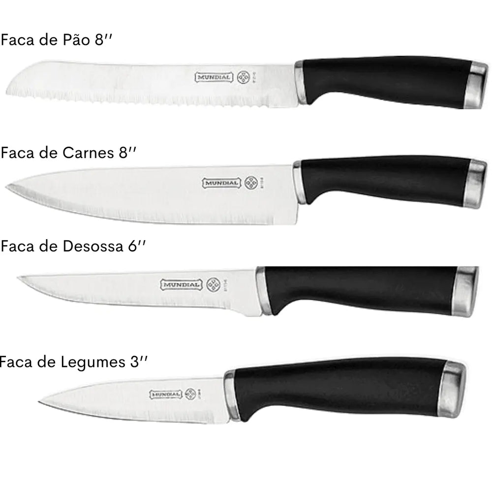 Jogo 4 Facas Kichen Mundial Cabo Preto Corte Profissional Hercules