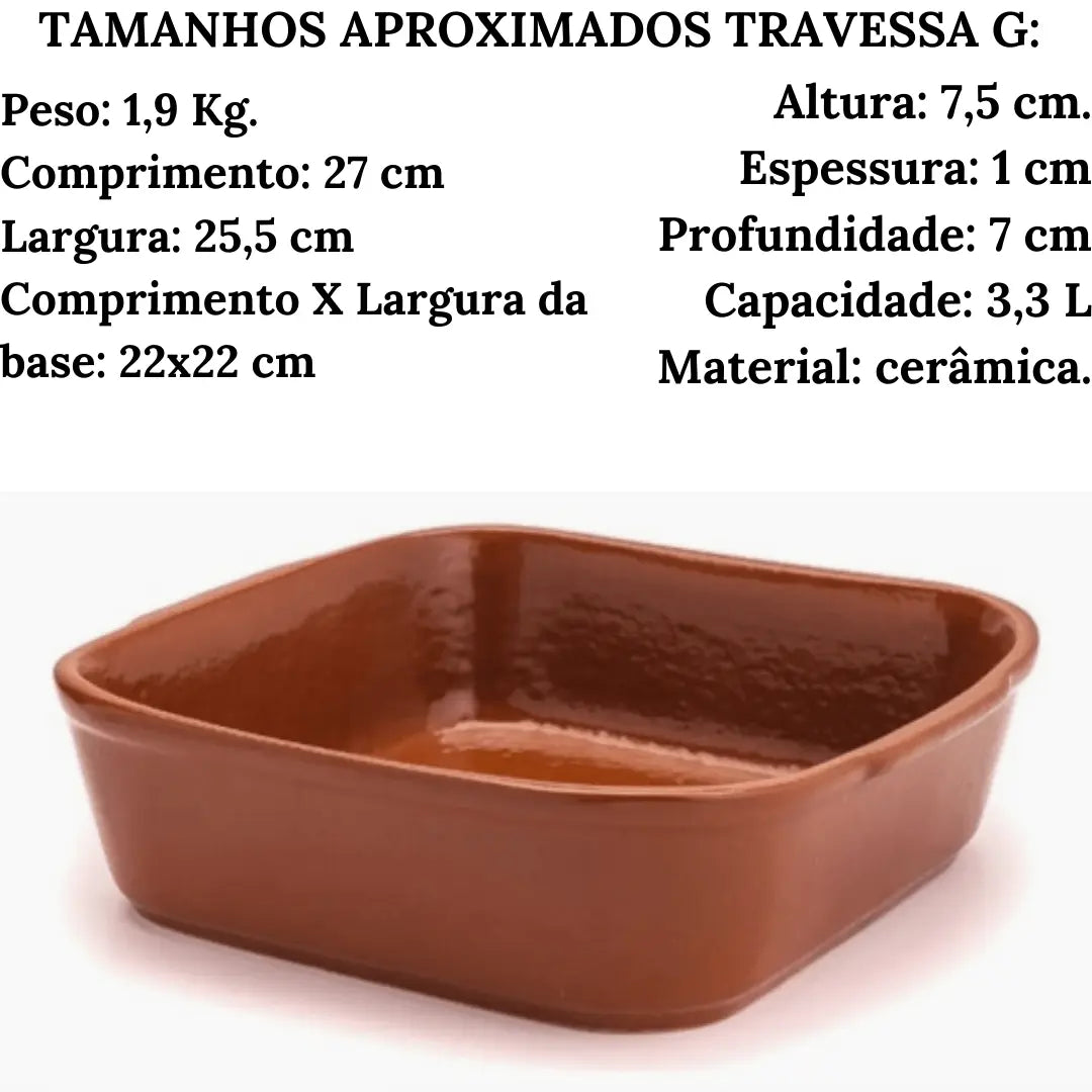 Travessa Refrataria Quadrada Cerâmica G 3,3 L Bela Porcelana