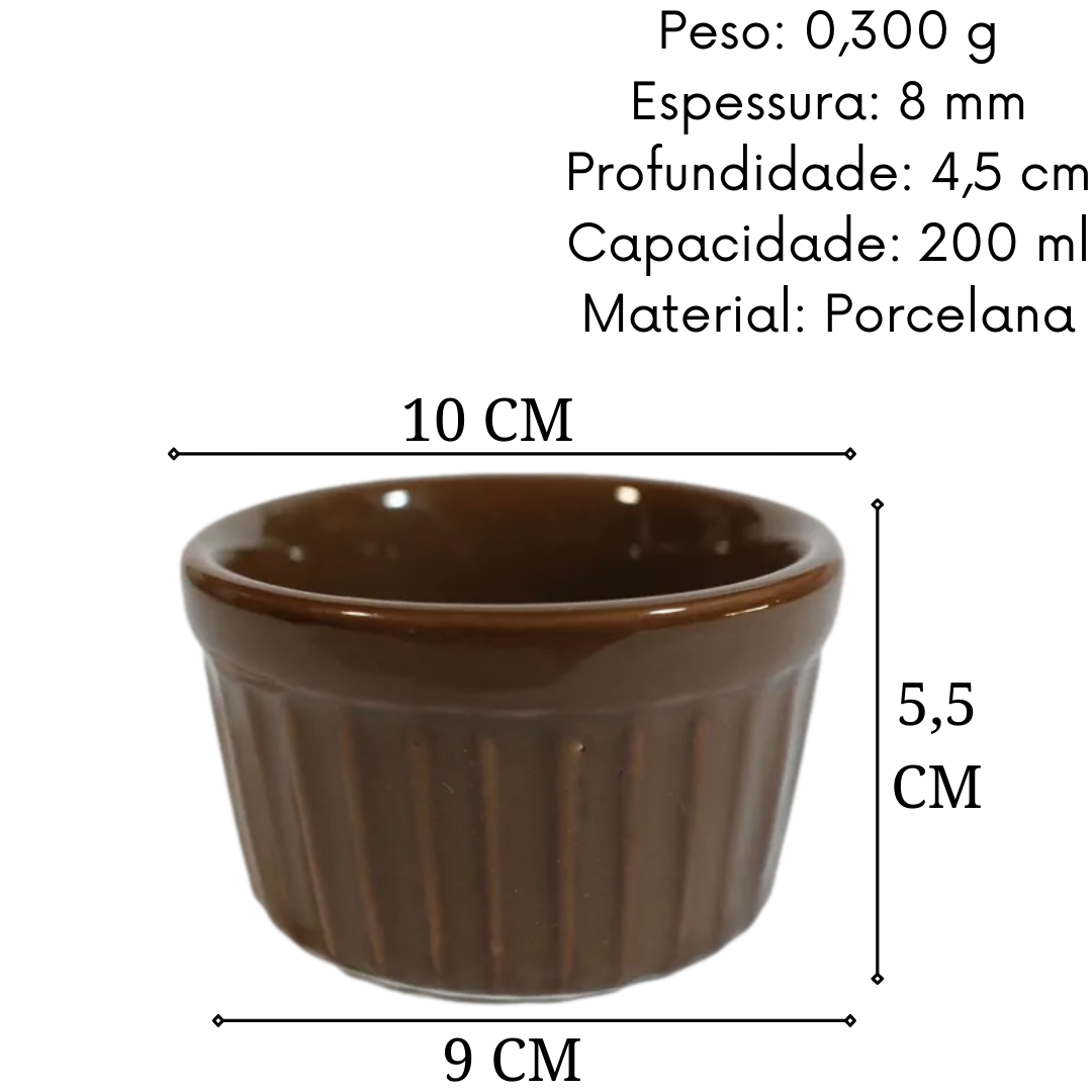 Ramekim Grande 200ml Canelado Marrom Porcelana BelaVista