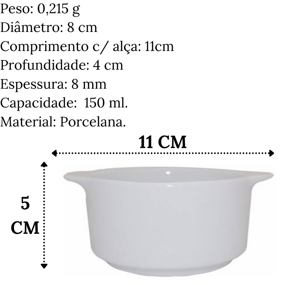 Ramekim C/ Alça Liso Médio 150ml Porcelana Branco BelaVista