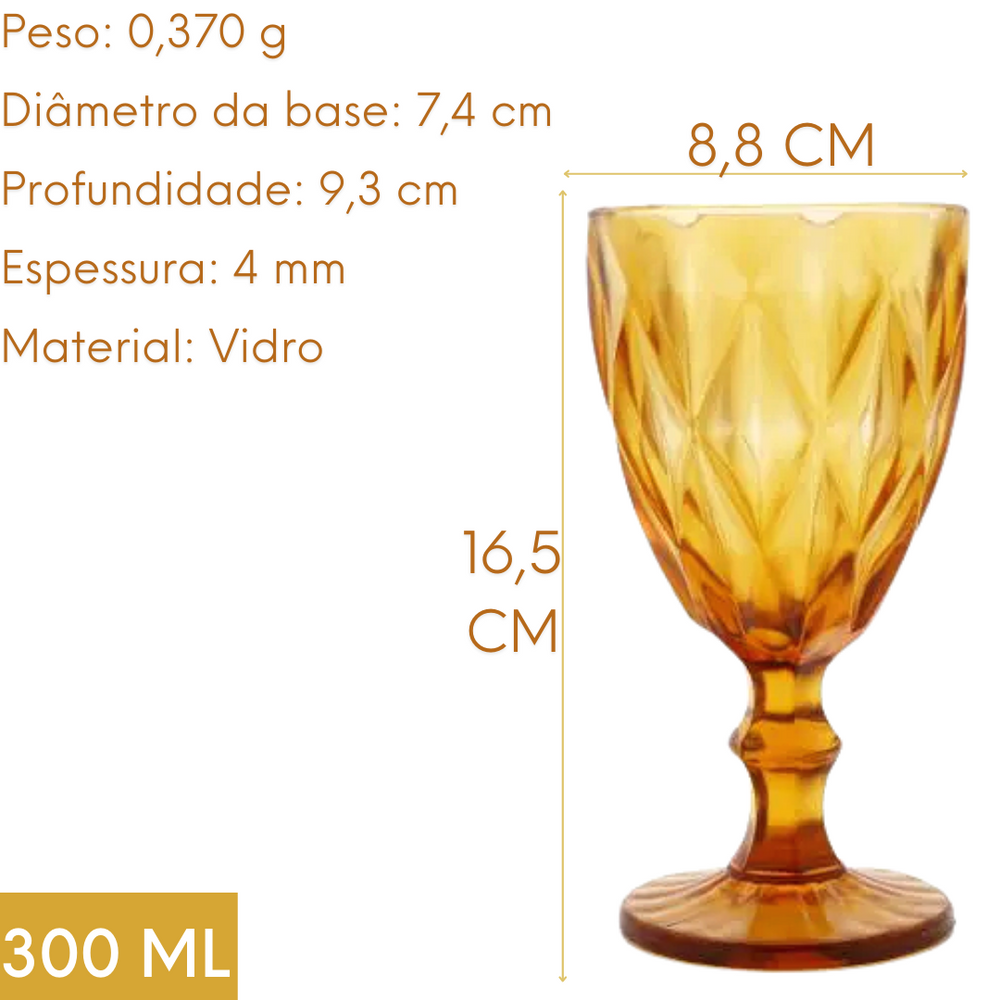 Taça Vidro Água Diamond Ambar Amarelo Transparente Class Home