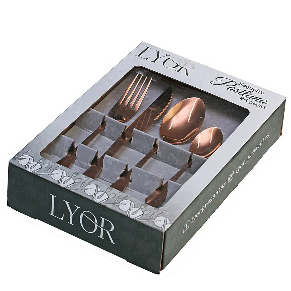 Faqueiro Talher Mesa E Chá Positano Rose Inox 24pçs Lyor