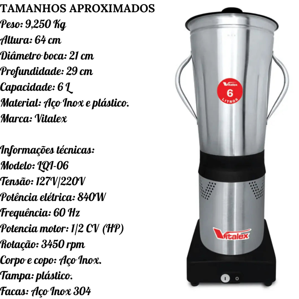 Liquidificador Industrial 6L Inox Vitalex Vitalex