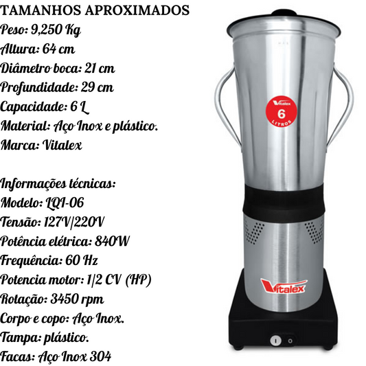 Liquidificador Industrial 6L Inox Vitalex