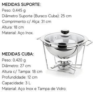 Rechaud Redondo Inox P/ Caldos Meu Buffet Tampa Vidro 3pçs Rechaud
