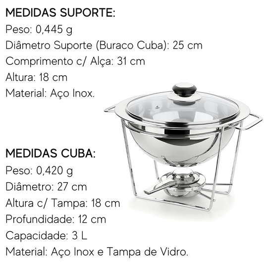 Rechaud Redondo Inox P/ Caldos Meu Buffet Tampa Vidro 3pçs