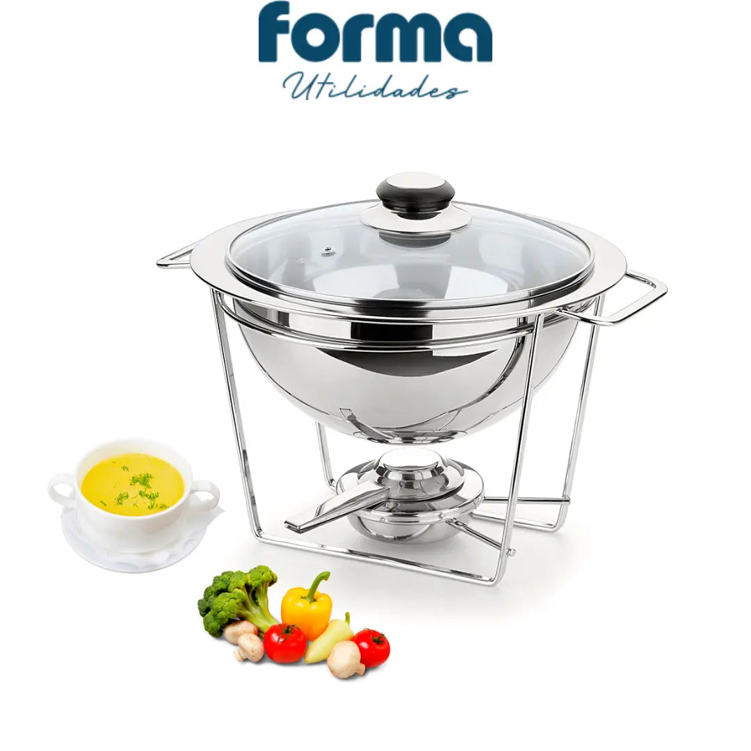 Rechaud Redondo Inox P/ Caldos Meu Buffet Tampa Vidro 3pçs Rechaud