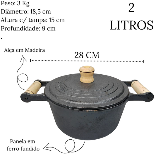 Caçarola N°18 Em Ferro Fundido 2l C/ Alça Em Madeira