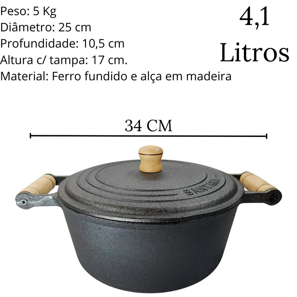 Caçarola N°24 Em Ferro Fundido 4,1l C/ Tampa Alça Em Madeira Santana