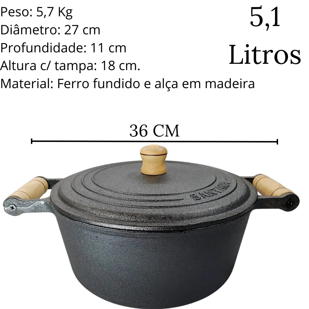 Caçarola N°26 Ferro Fundido 5,1l C/ Tampa Santana