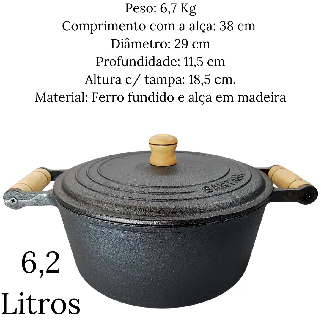Caçarola N°28 Ferro Fundido 6,2l Tampa E Alça Em Madeira Santana
