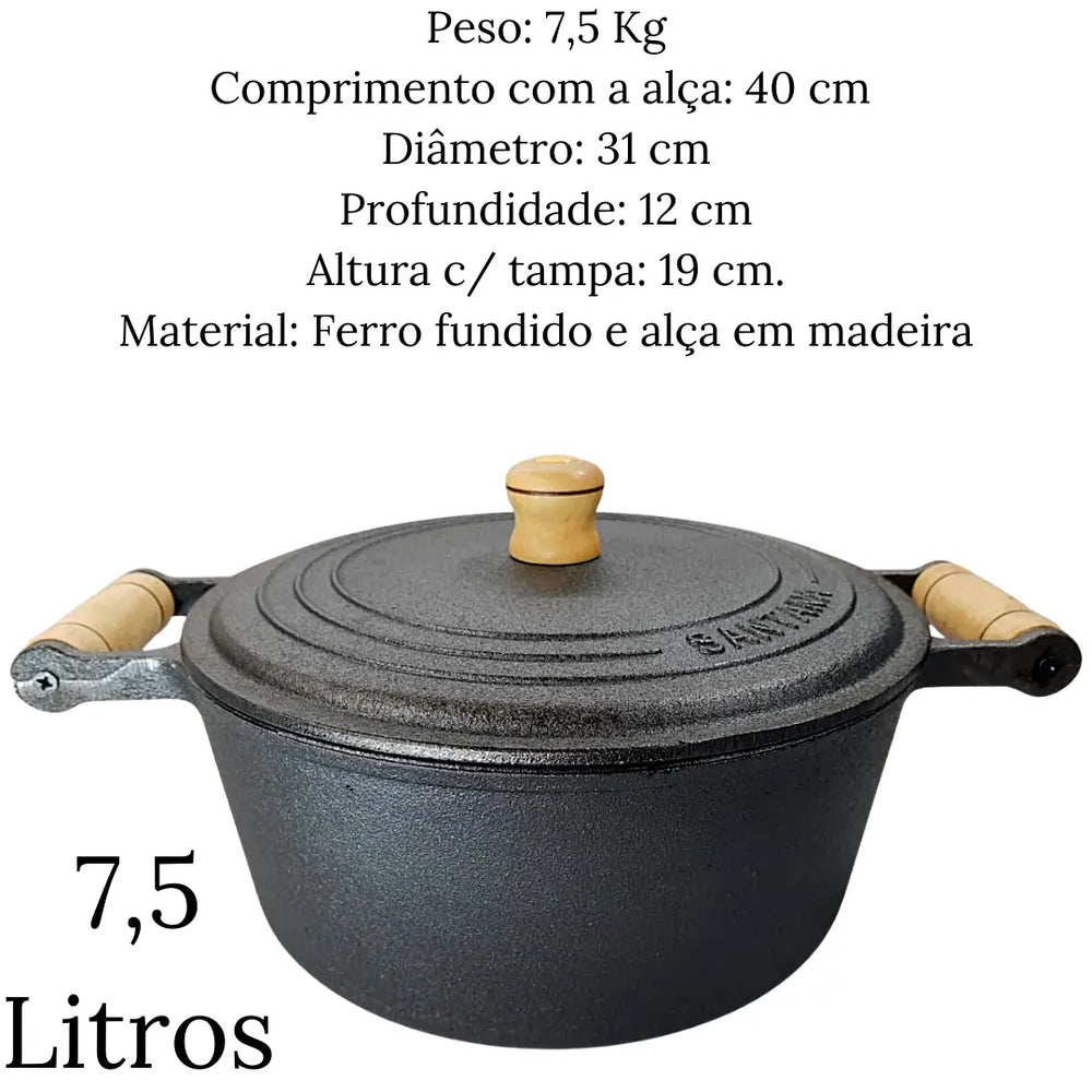 Caçarola N°30 Ferro Fundido 7,5l C/ Tampa E Alça Em Madeira Santana