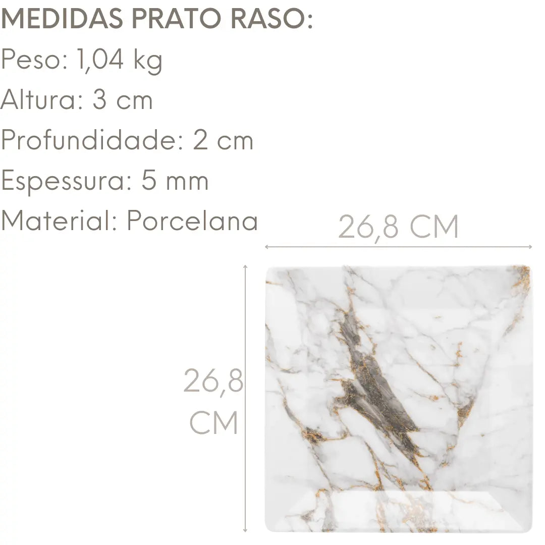 Prato Raso Golden Stone 26,8cm Quadrado Branco E Dourado Oxford