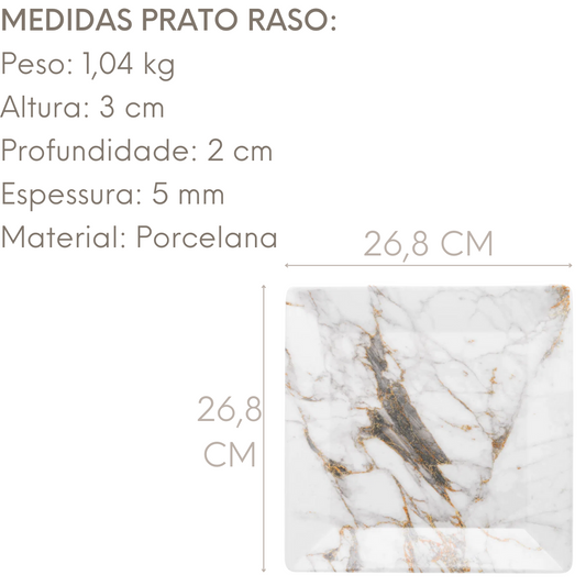 Prato Raso Golden Stone 26,8cm Quadrado Branco E Dourado