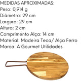 Tabua De Madeira Teca Redonda C/ Alça Facil Manuseio A Gourmet