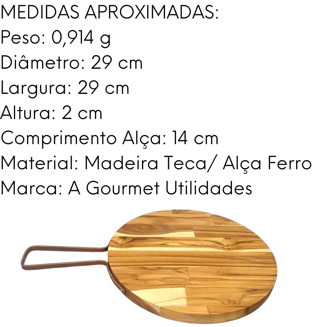 Tabua De Madeira Teca Redonda C/ Alça Facil Manuseio A Gourmet