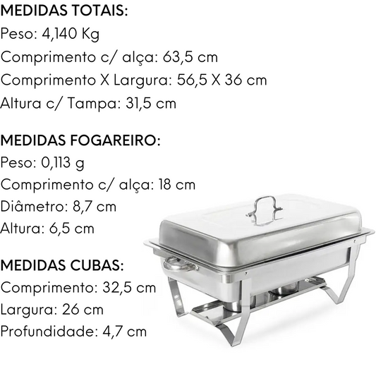 Rechaud Inox C/ 2 Cubas 2 Queimadores Tampa E Suporte