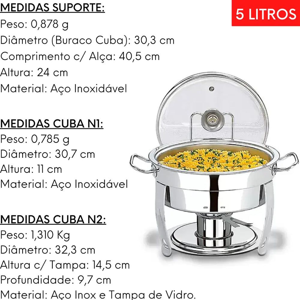 Rechaud Inox C/ Tampa E Fogareiro 5l Hotel GP