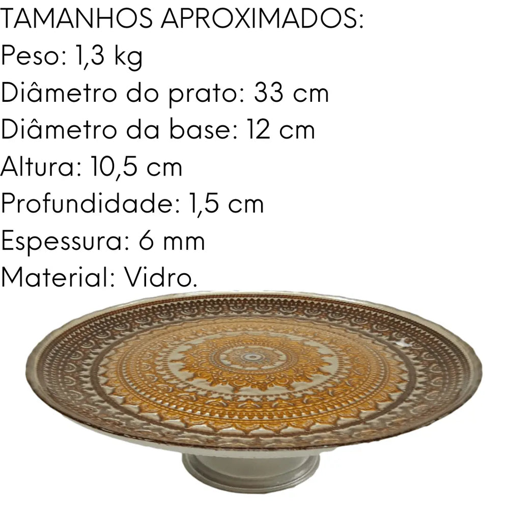 Prato P/ Bolo Centro Mesa Decorado C/ Pé 33cm Vidro Lyor
