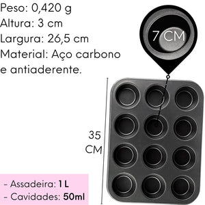 Forma Assadeira Antiaderente Chumbo 12 Muffin Cupcake Pudim Hercules