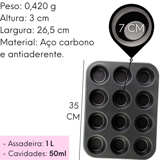 Forma Assadeira Antiaderente Chumbo 12 Muffin Cupcake Pudim